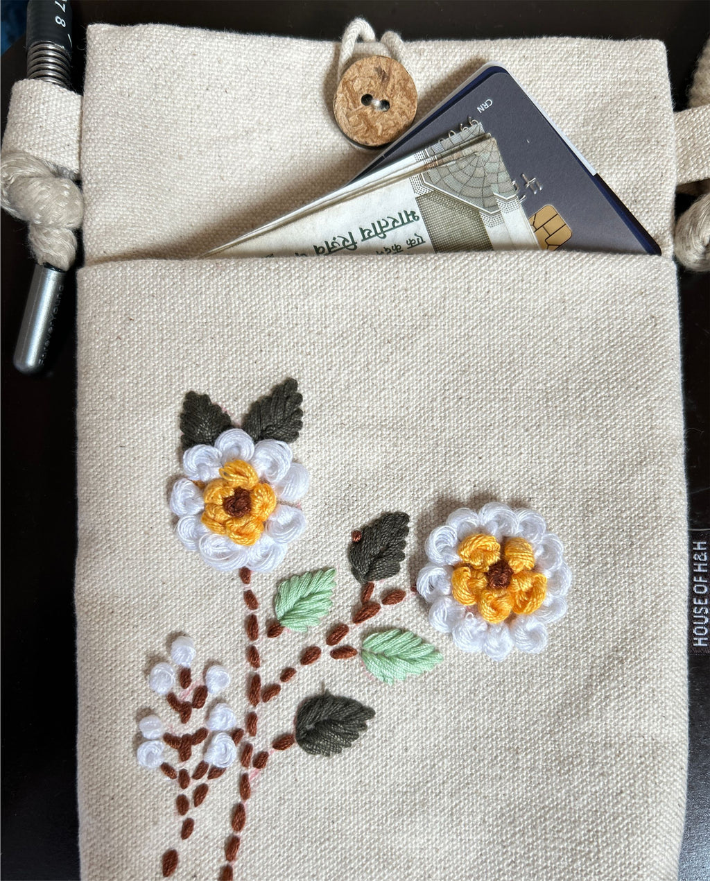 Hand Embroidered Canvas Sling Bag – Floral Ivory