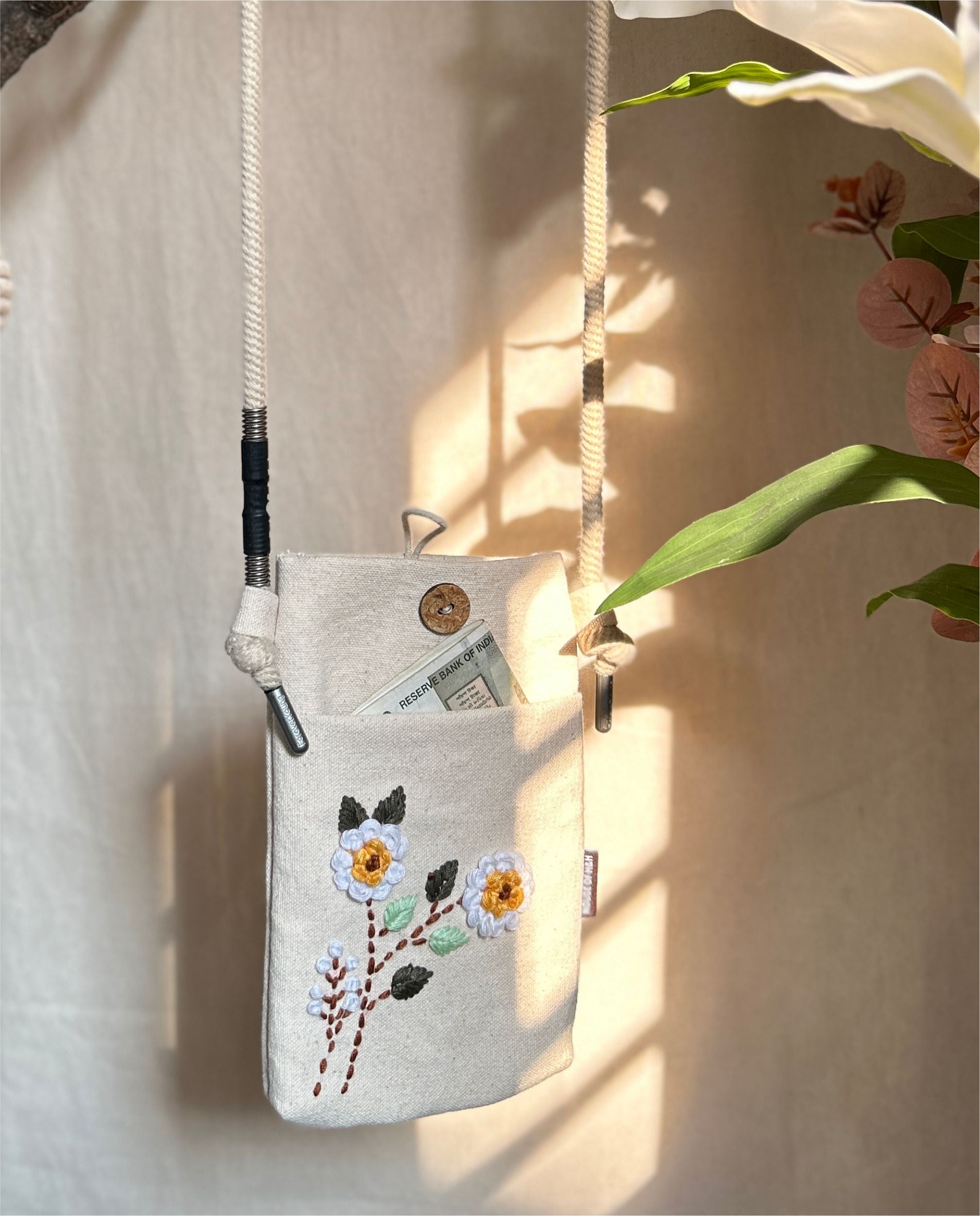 Hand Embroidered Canvas Sling Bag – Floral Ivory