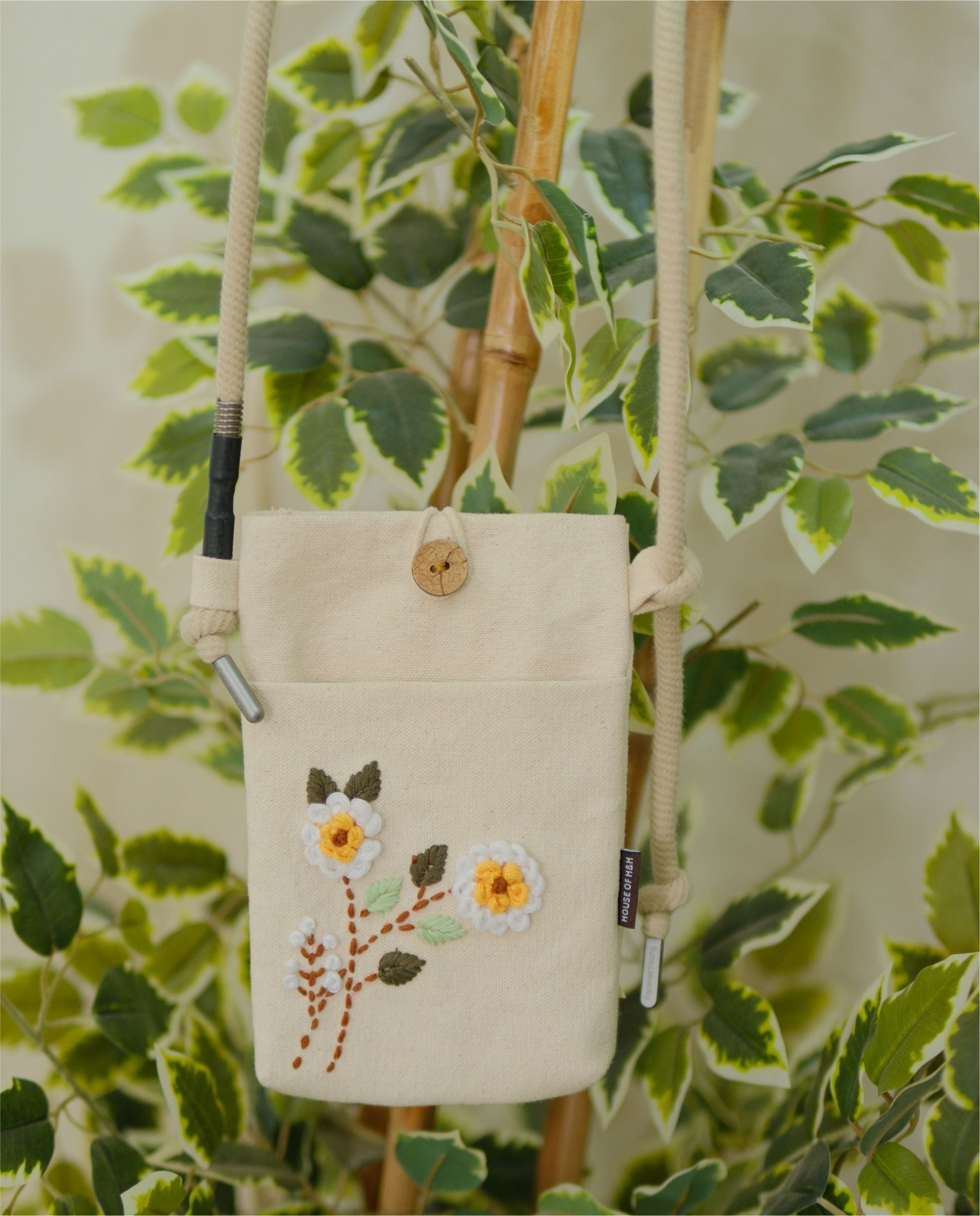 Hand Embroidered Canvas Sling Bag – Floral Ivory