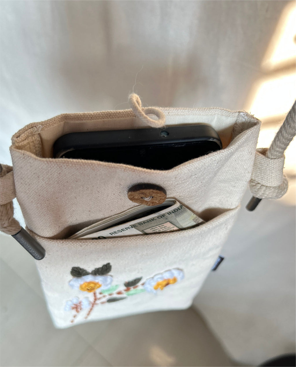 Hand Embroidered Canvas Sling Bag – Floral Ivory