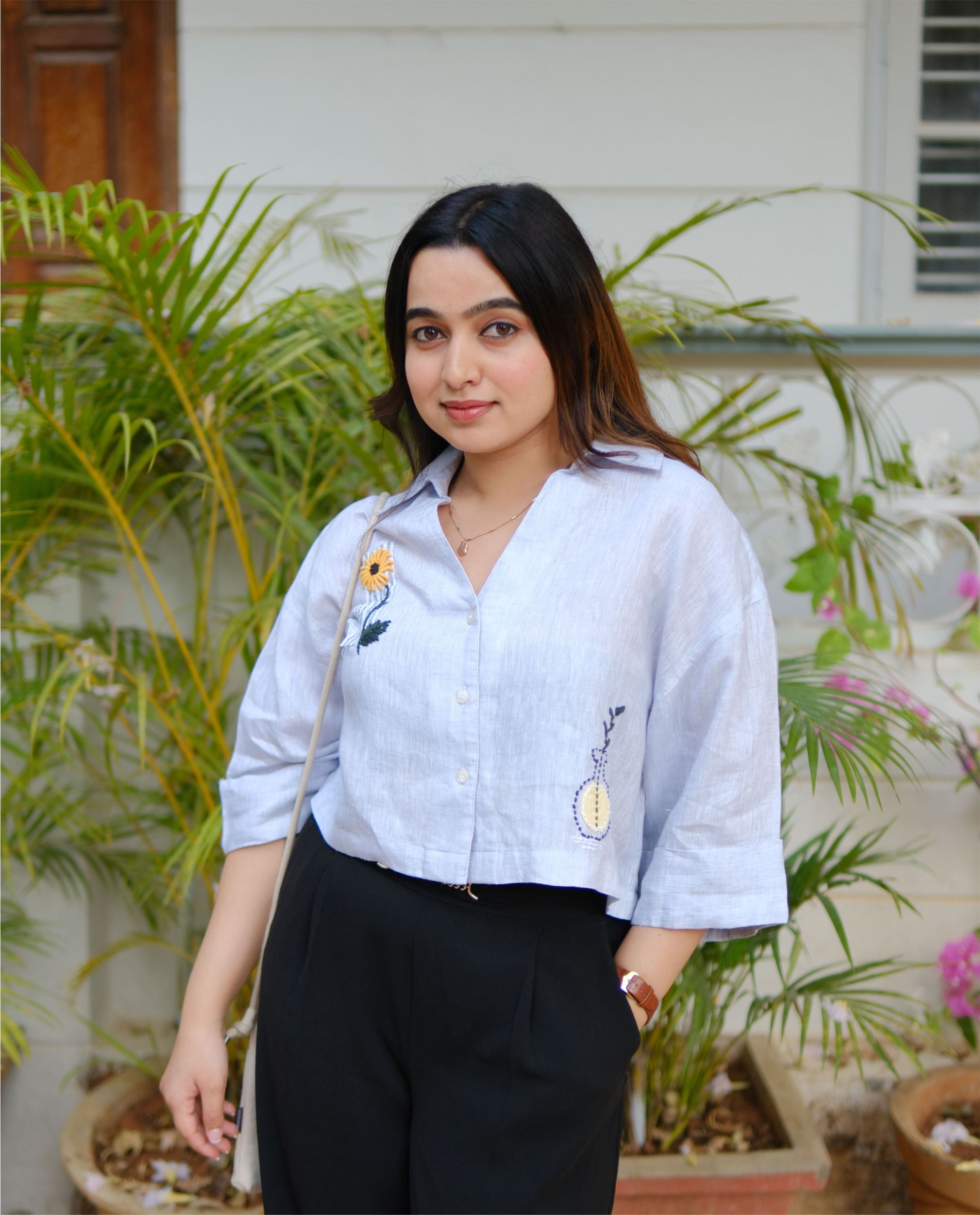 Women’s 100% Linen - Sunflower hand Embroidery Ice Blue
