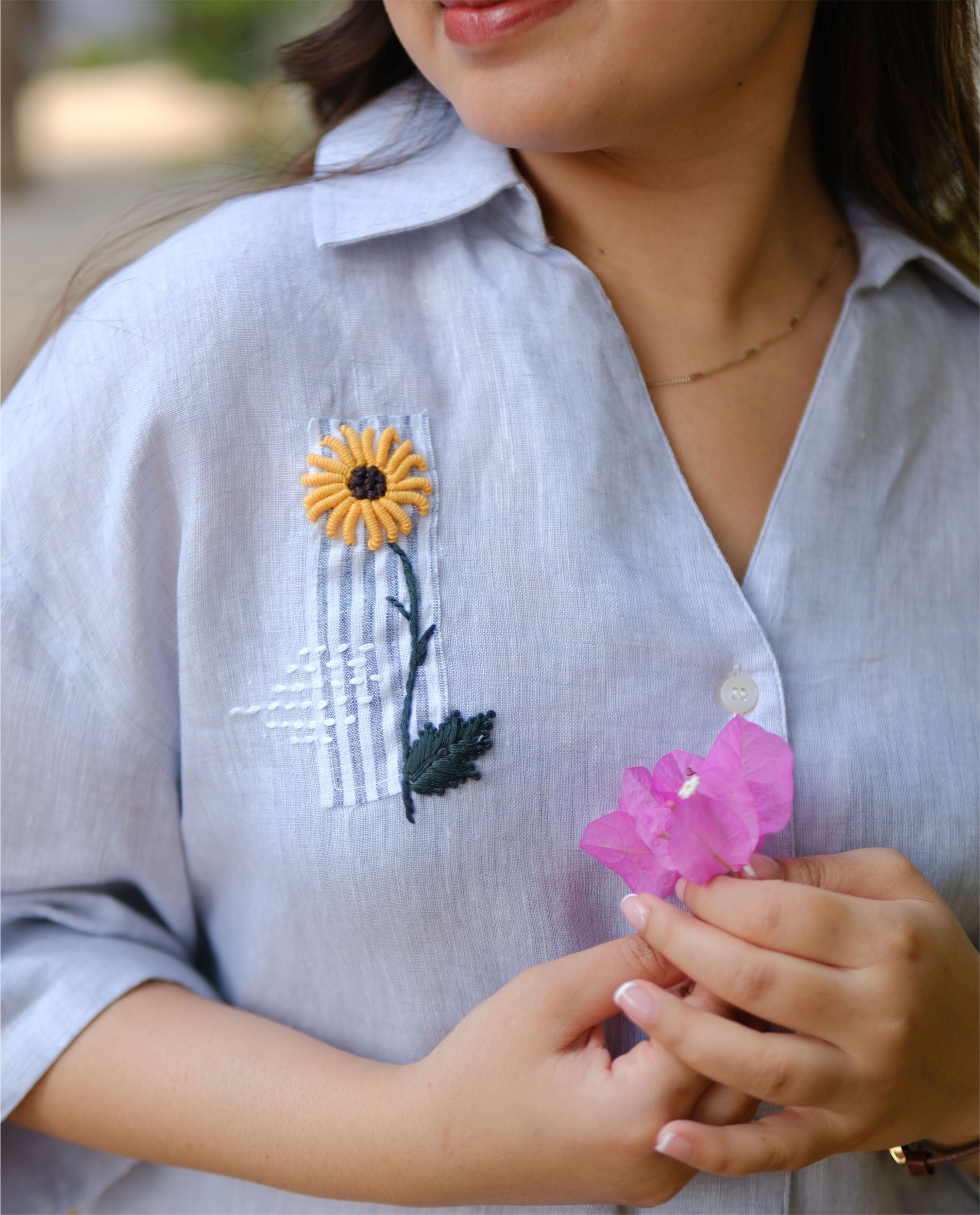 Women’s 100% Linen - Sunflower hand Embroidery Ice Blue