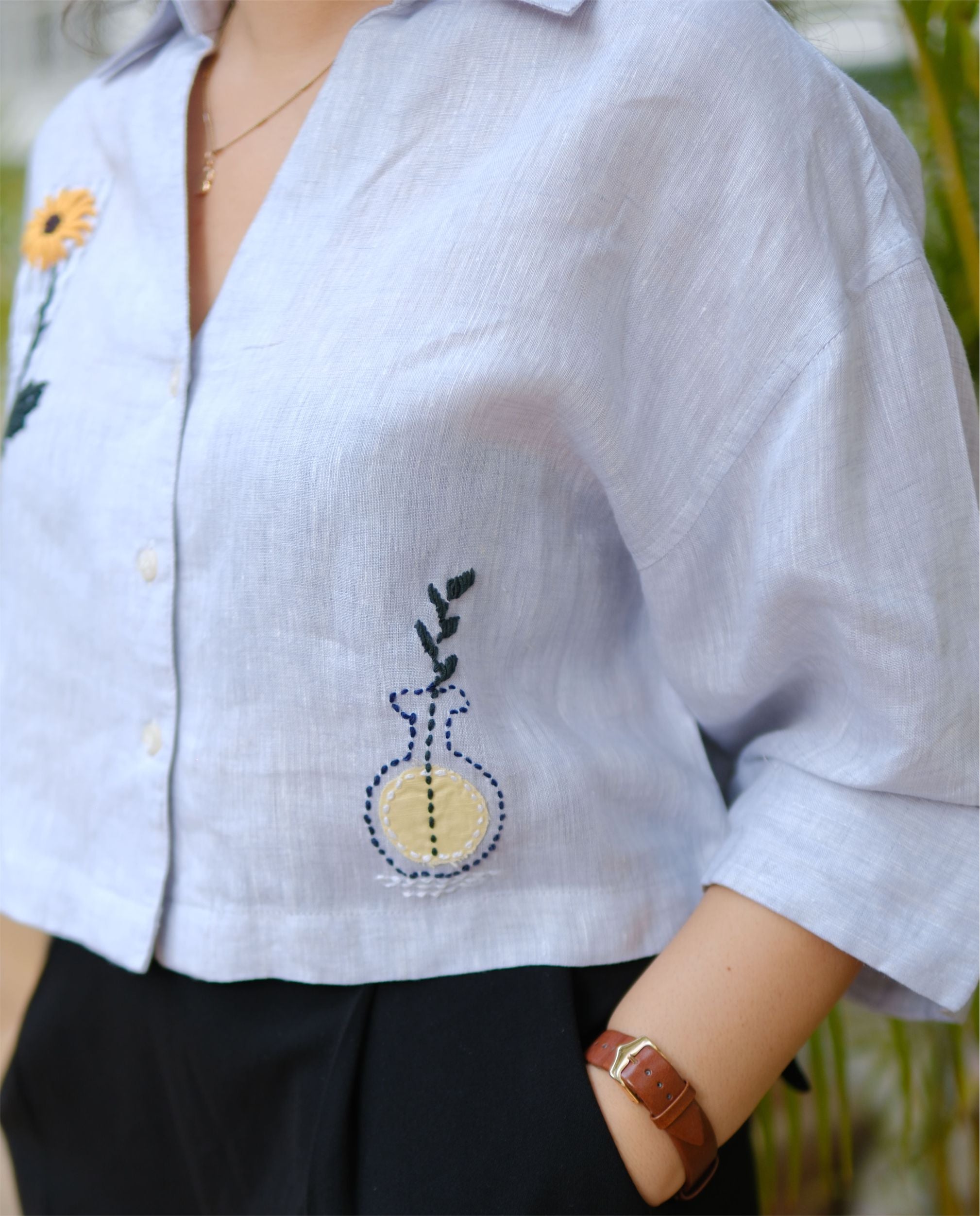 Women’s 100% Linen - Sunflower hand Embroidery Ice Blue
