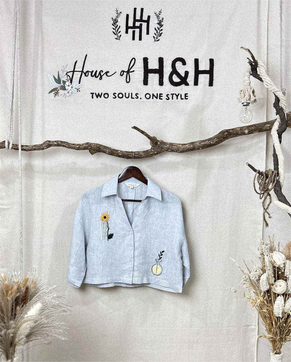 Women’s 100% Linen - Sunflower hand Embroidery Ice Blue