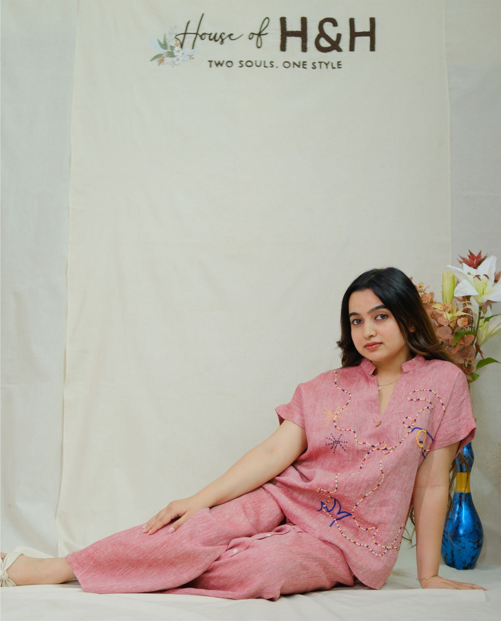 Women’s 100% Linen Co-Ord set Hand Embroidered Red