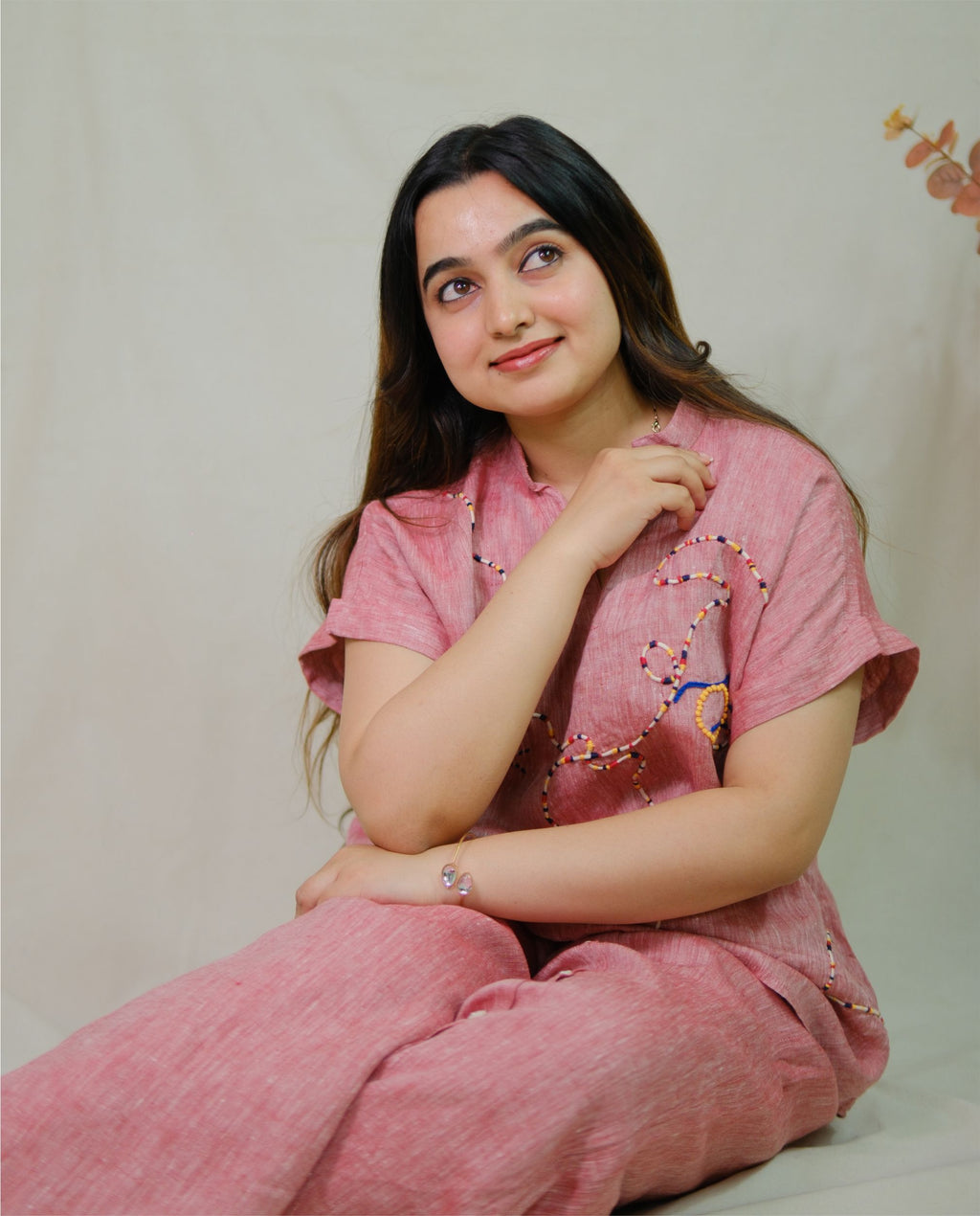 Women’s 100% Linen Co-Ord set Hand Embroidered Red