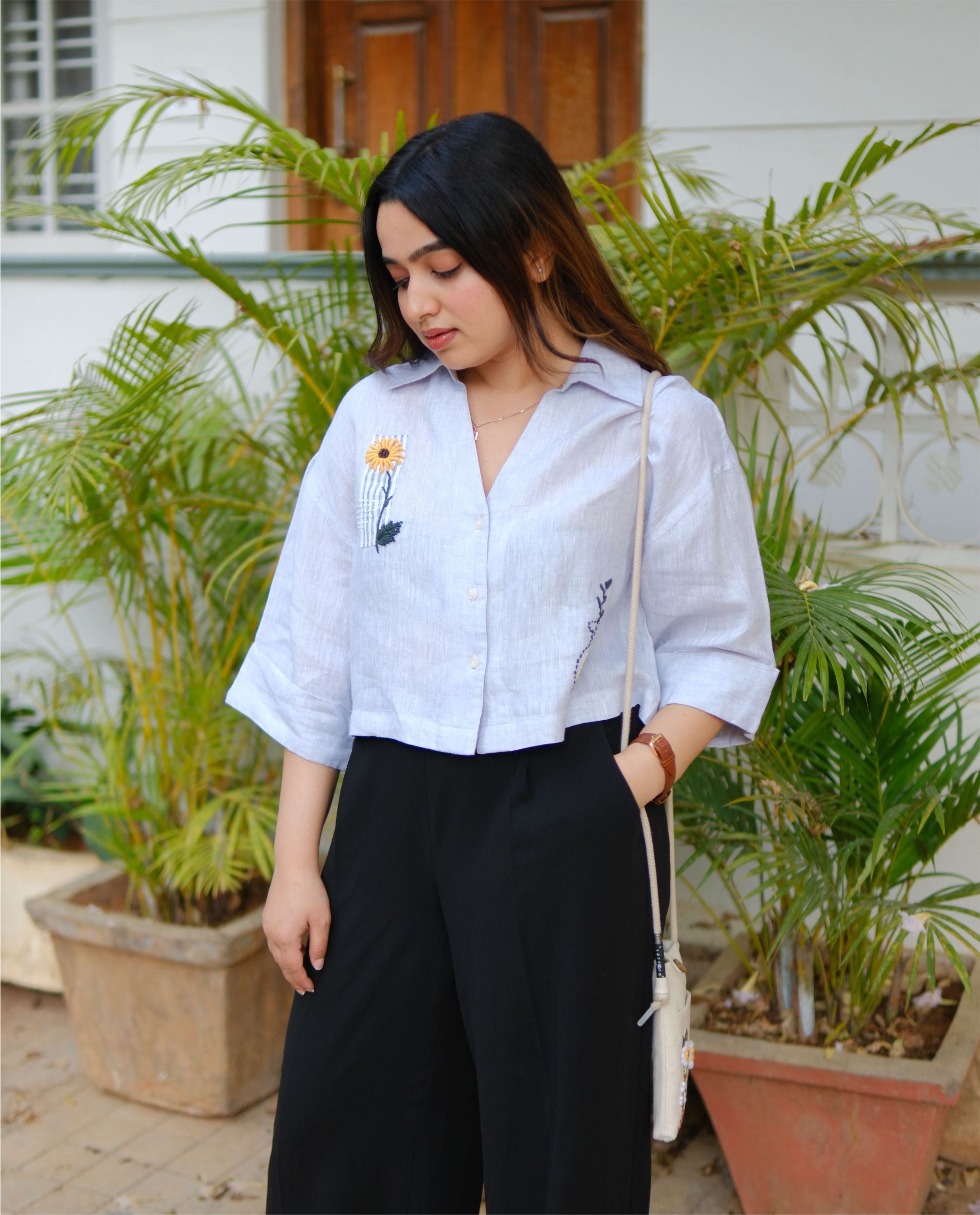 Women’s 100% Linen - Sunflower hand Embroidery Ice Blue