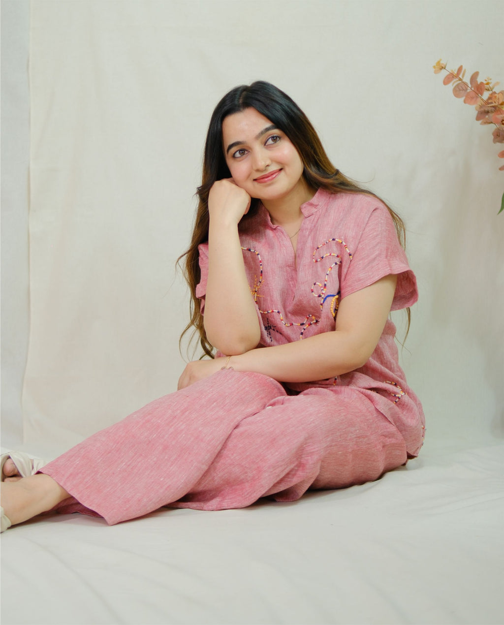 Women’s 100% Linen Co-Ord set Hand Embroidered Red