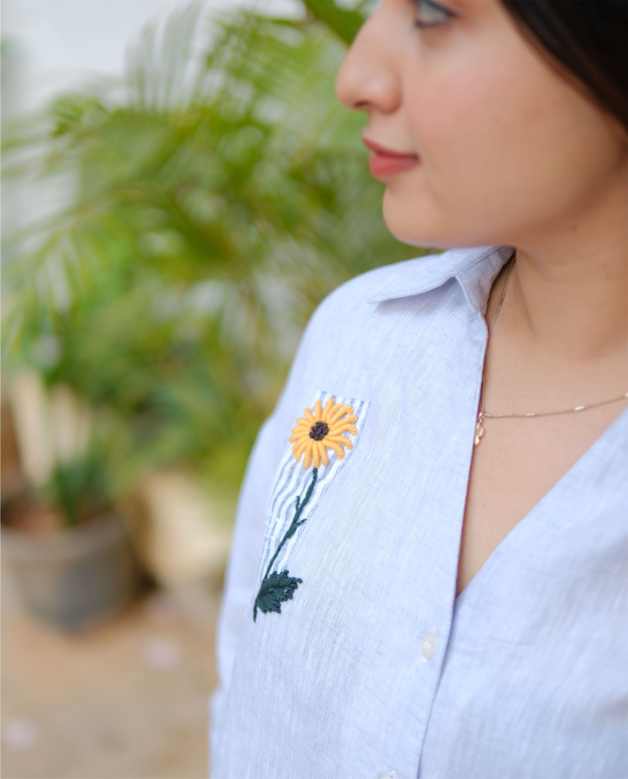 Women’s 100% Linen - Sunflower hand Embroidery Ice Blue
