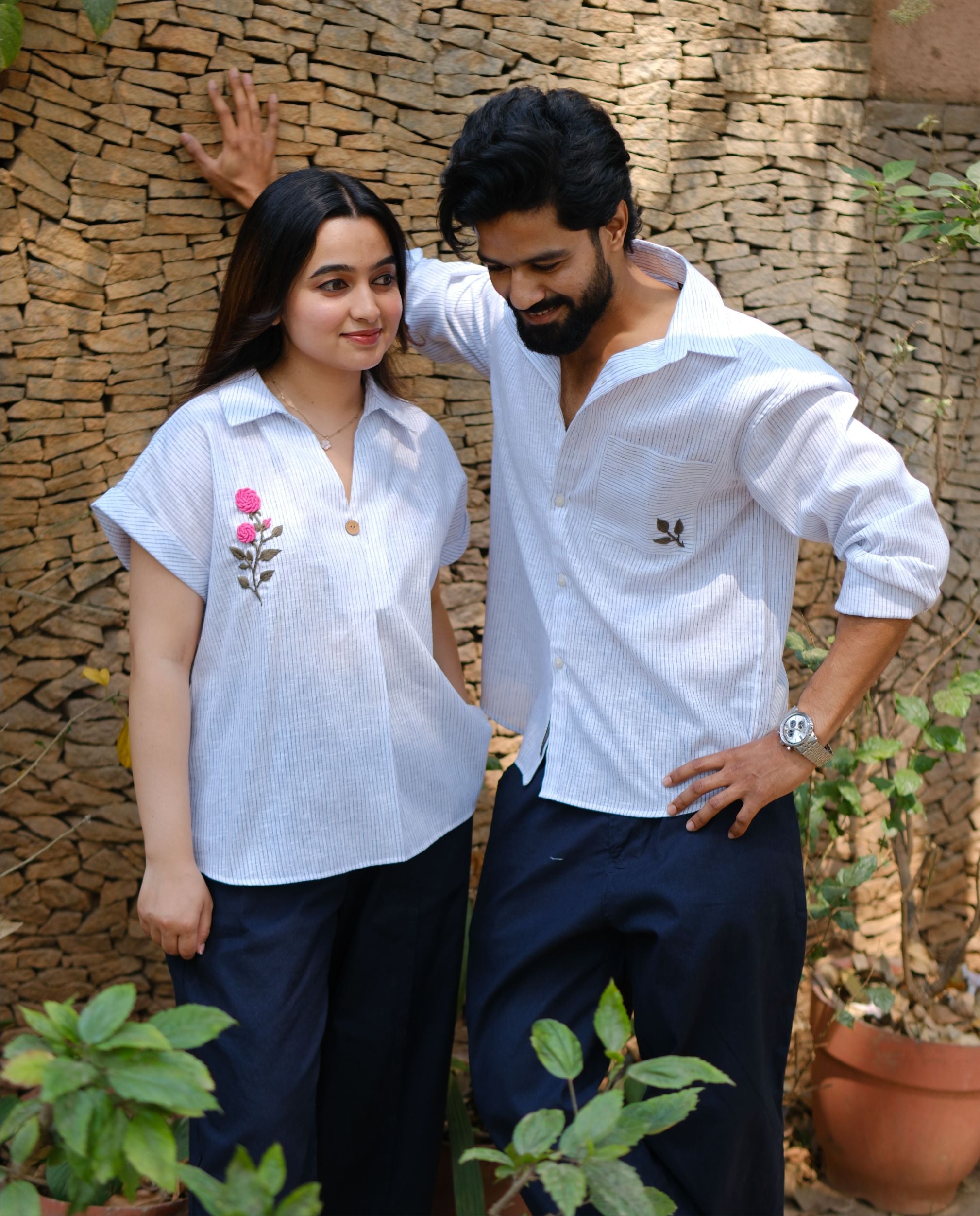 Couple  Cotton linen Set - Rose Hand Embroidery Blue Striped