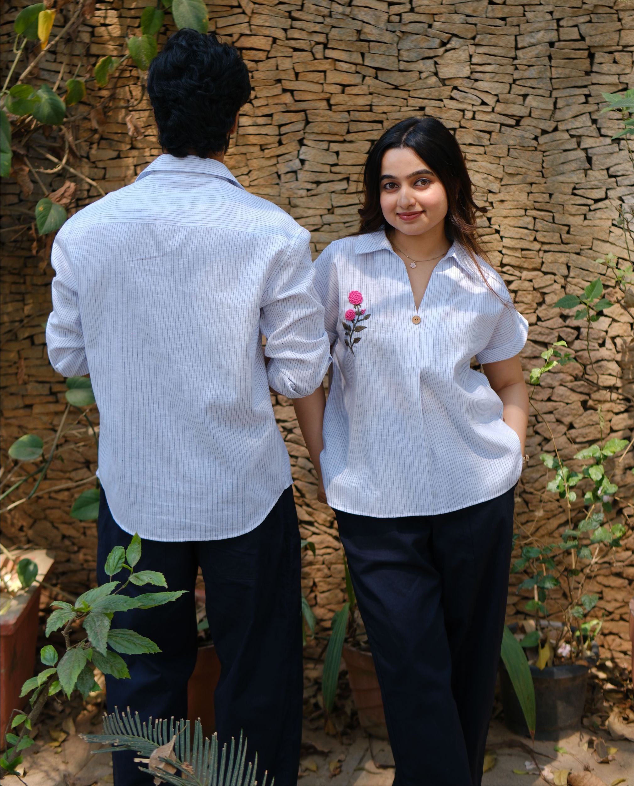 Couple  Cotton linen Set - Rose Hand Embroidery Blue Striped