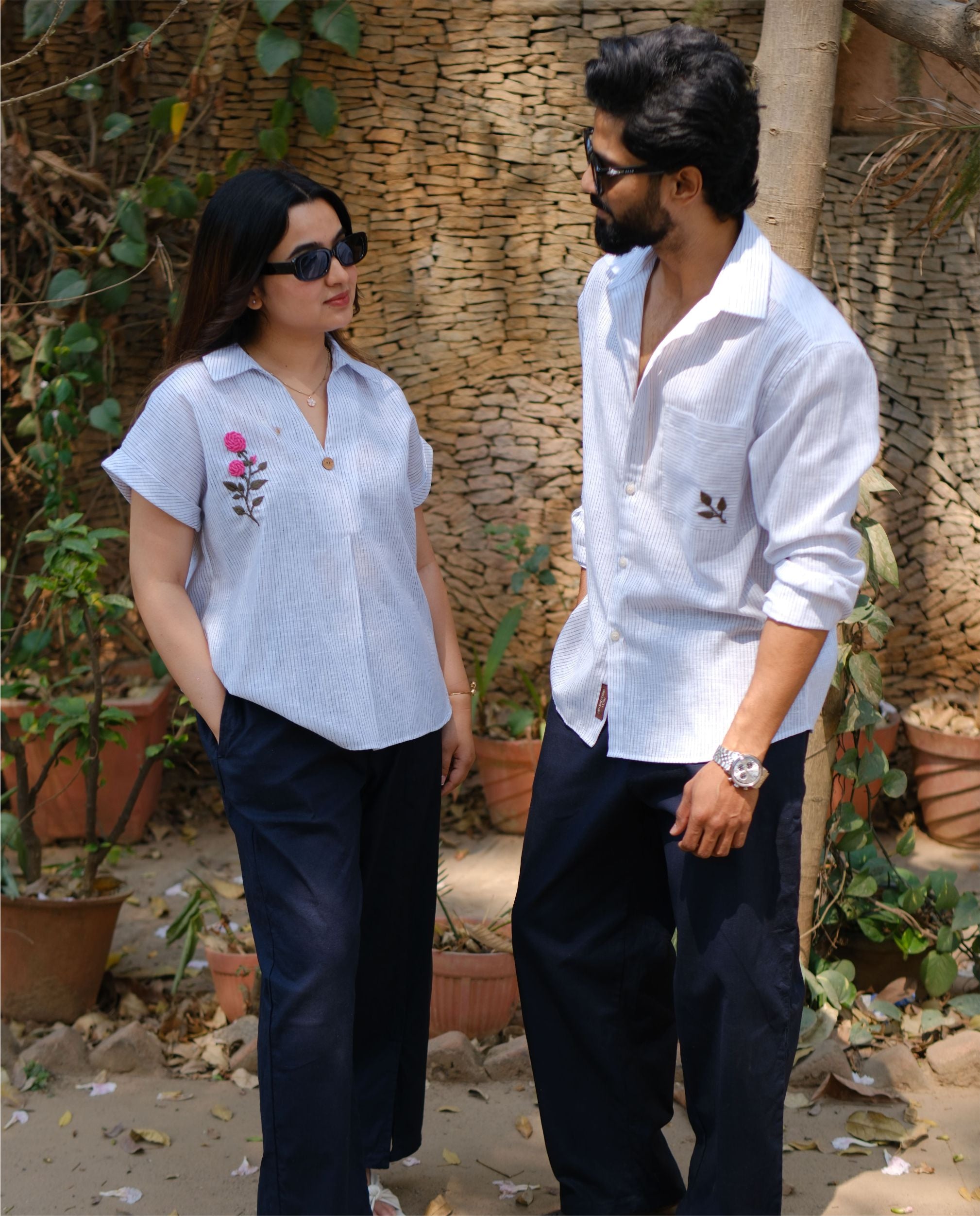 Couple  Cotton linen Set - Rose Hand Embroidery Blue Striped