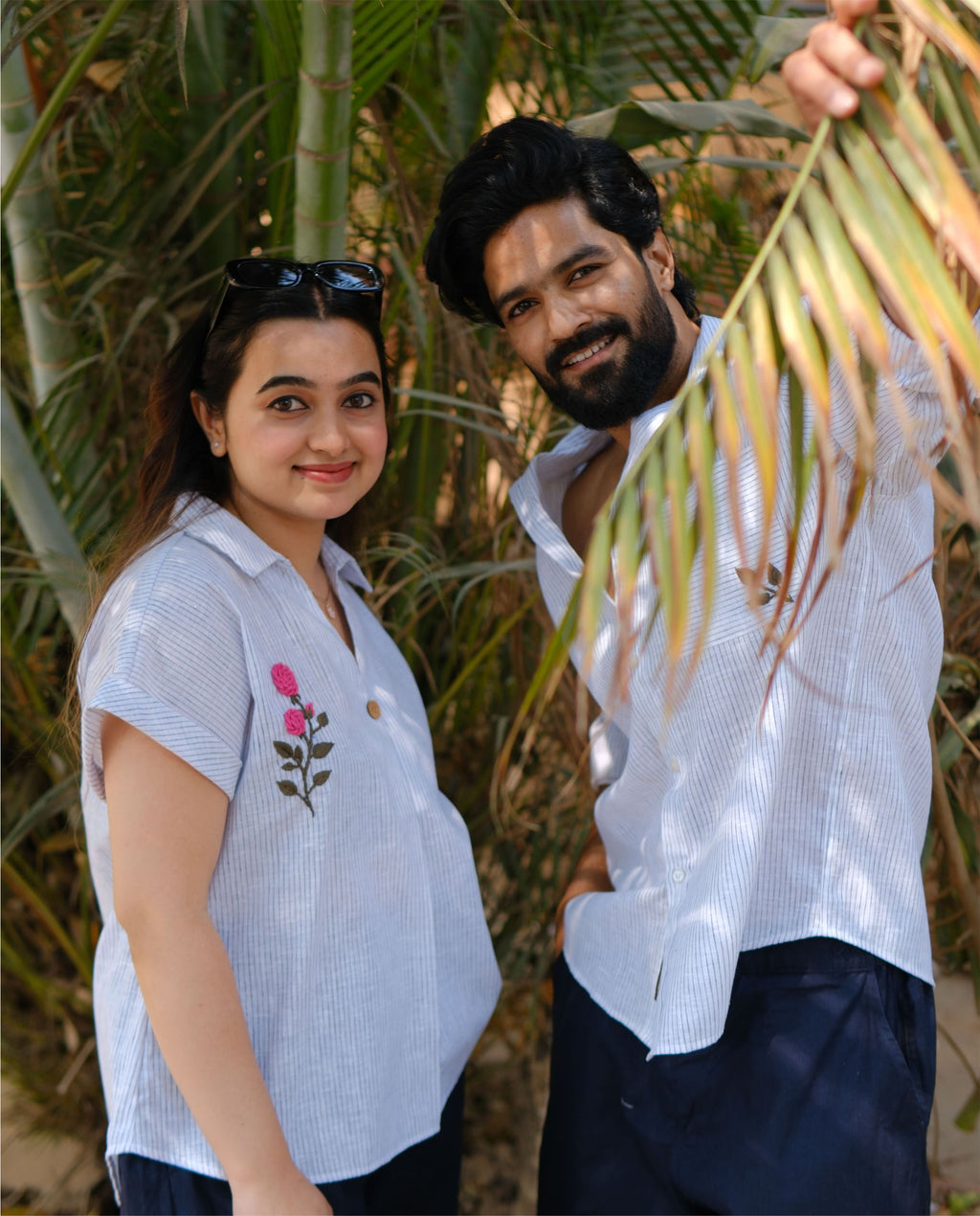 Couple  Cotton linen Set - Rose Hand Embroidery Blue Striped