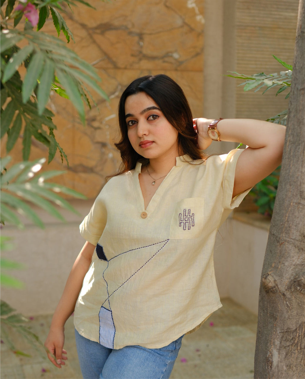 Women’s 100% Linen Top –  Kantha stitch Embroidery Yellow