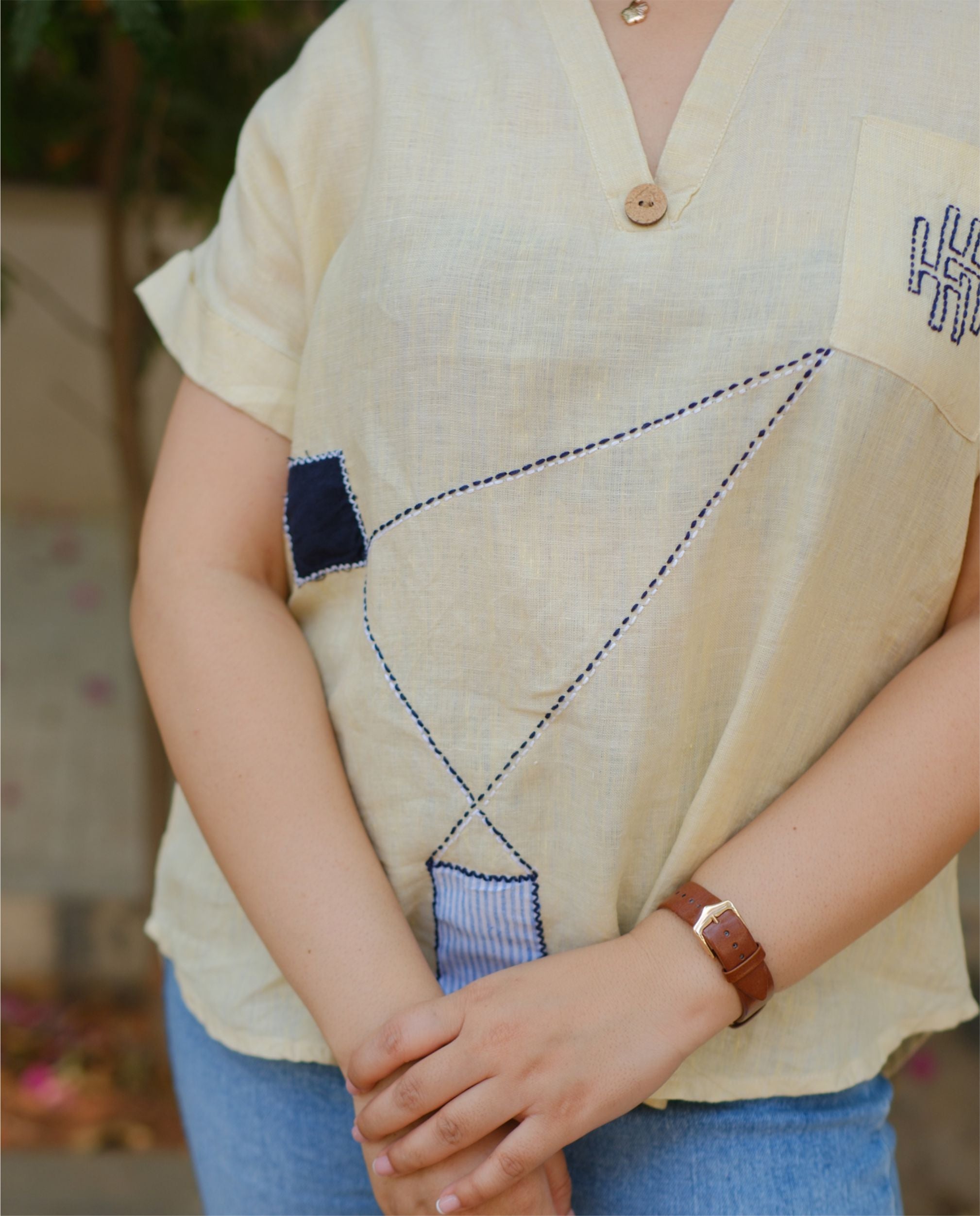 Women’s 100% Linen Top –  Kantha stitch Embroidery Yellow