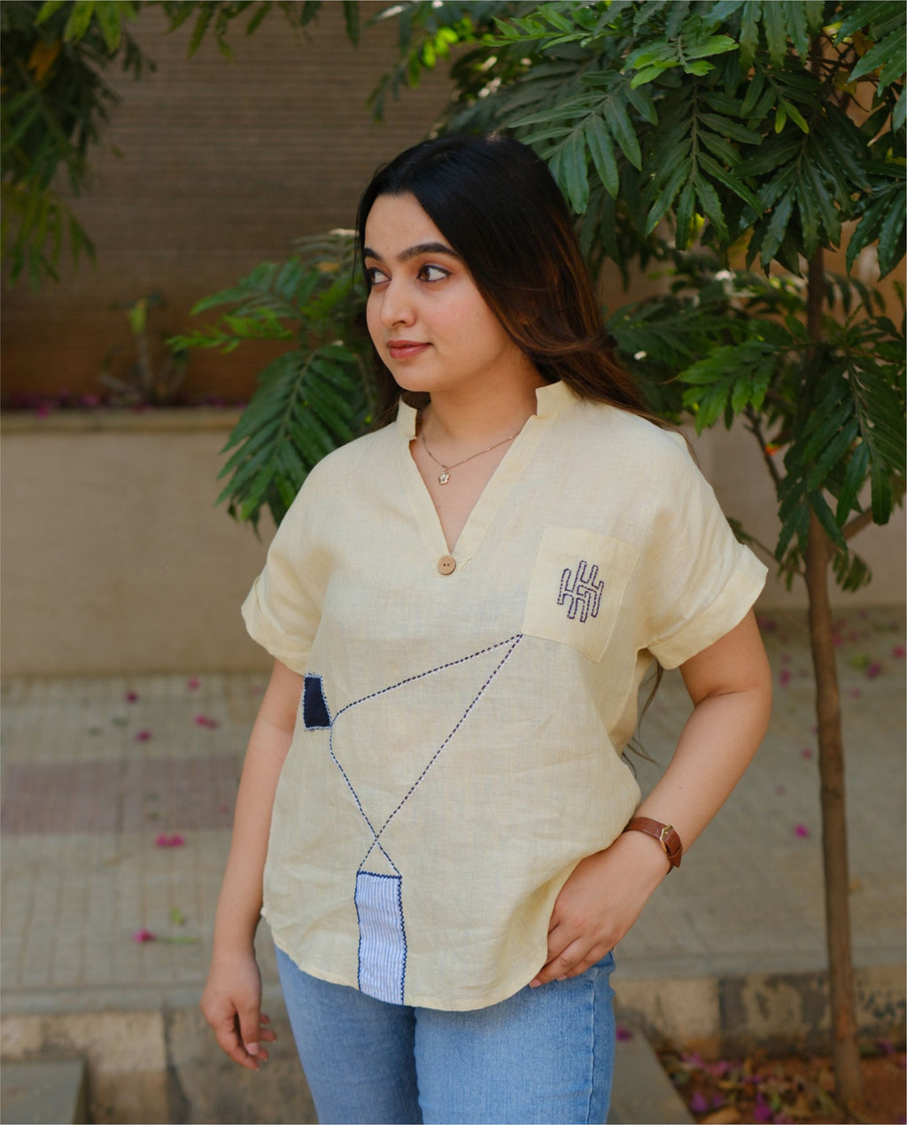 Women’s 100% Linen Top –  Kantha stitch Embroidery Yellow