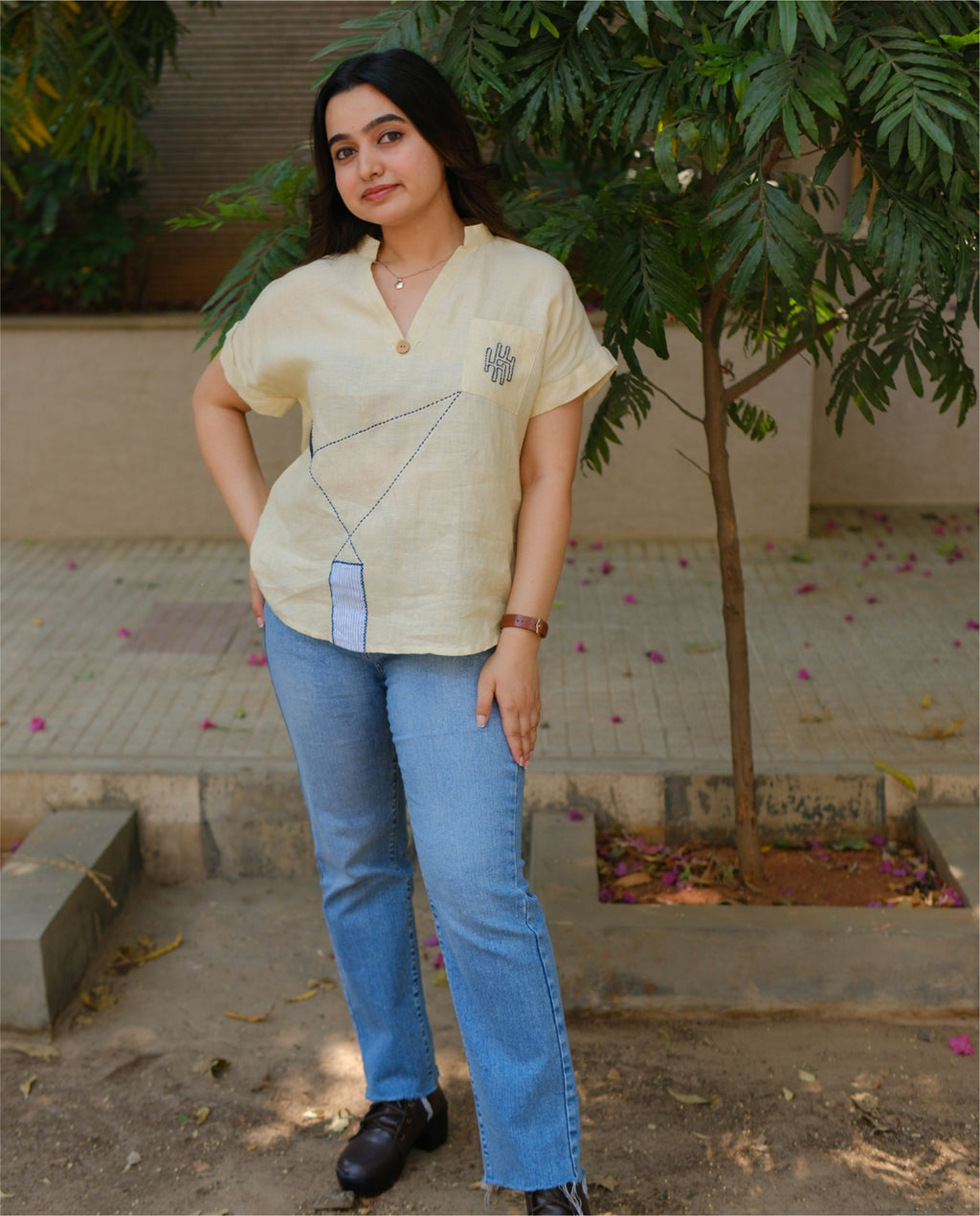 Women’s 100% Linen Top –  Kantha stitch Embroidery Yellow