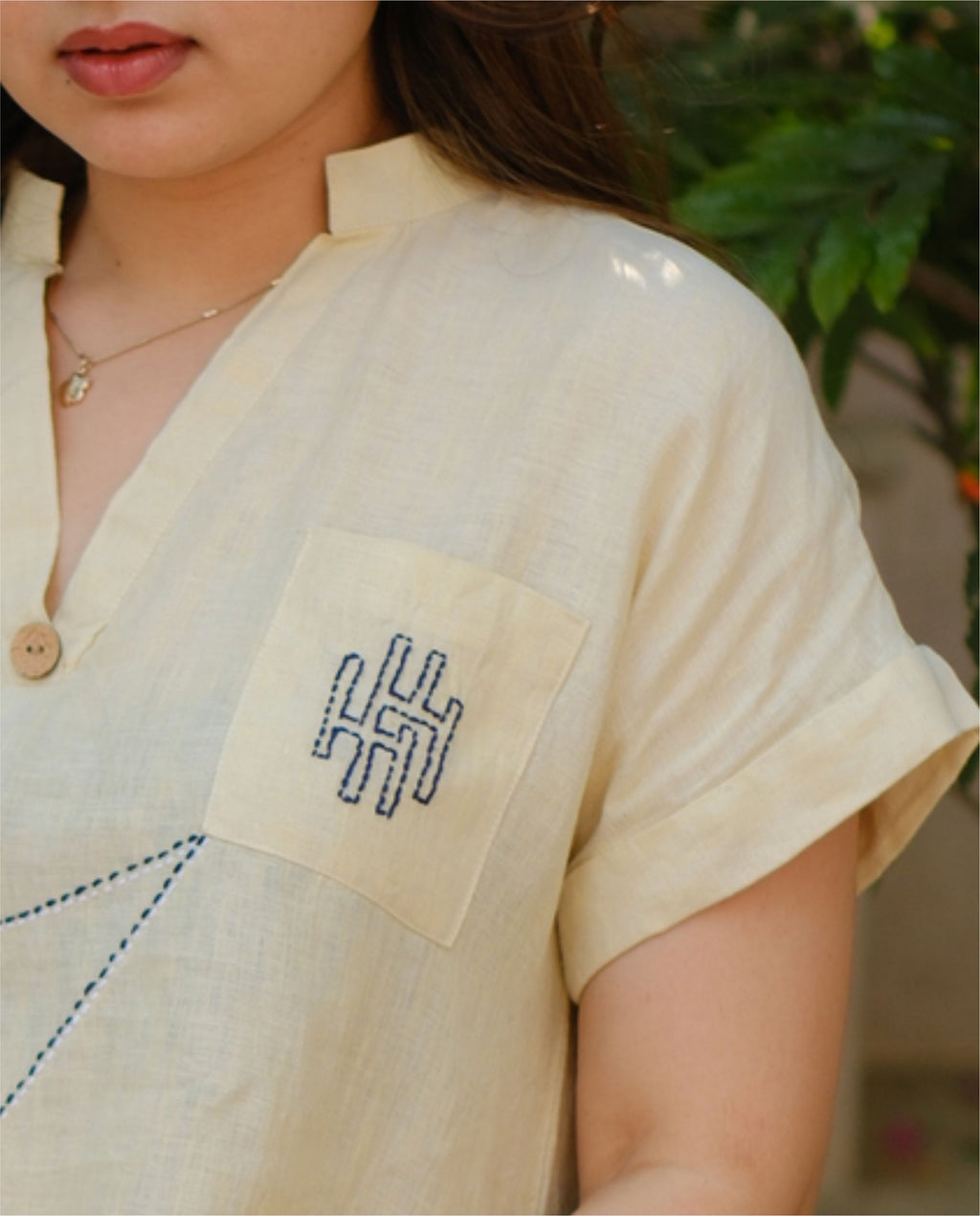 Women’s 100% Linen Top –  Kantha stitch Embroidery Yellow